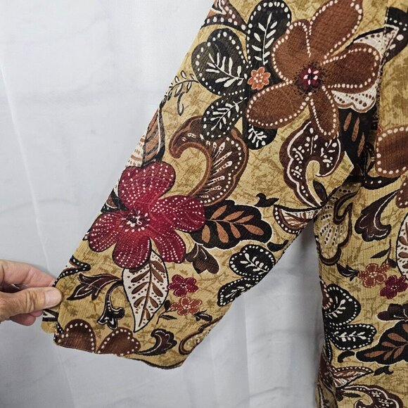 Brown Blouse Red Floral Boho Sheer Button-Down Retro Hippie 16 - Picture 3 of 13